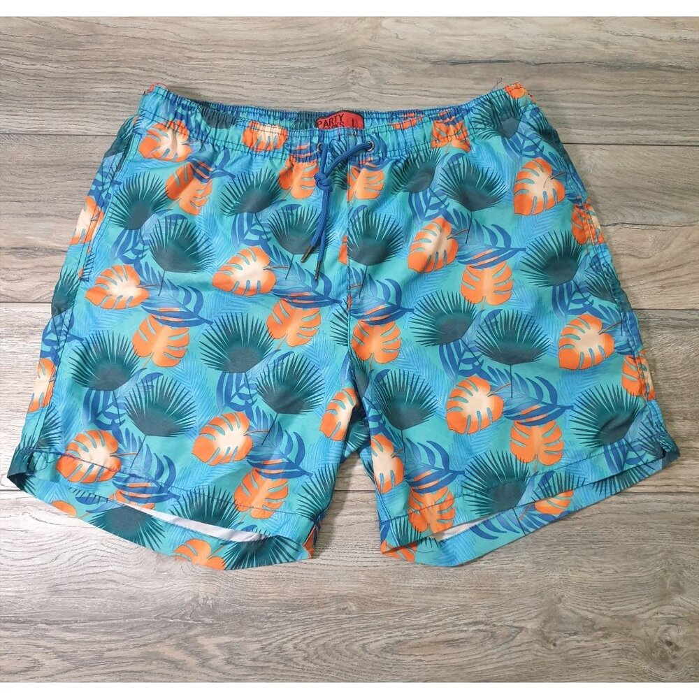 Men Large Party Sharks Swim Trunk Tropical Leaf Print Blue Orange Beach Vacation